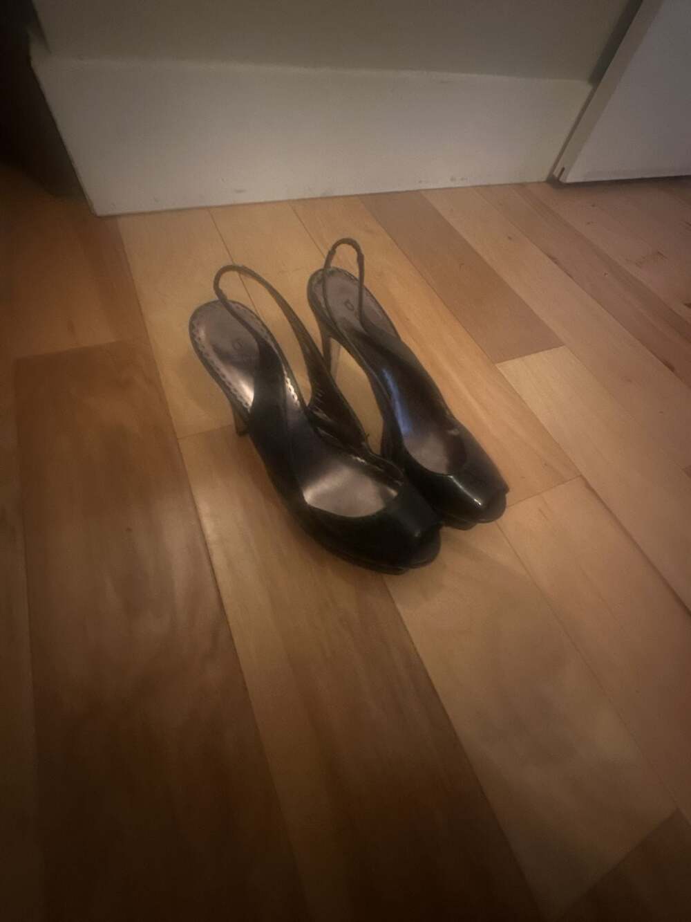 bebe Zahara Black Patent Leather Peep Toe Slingback Platform Heels